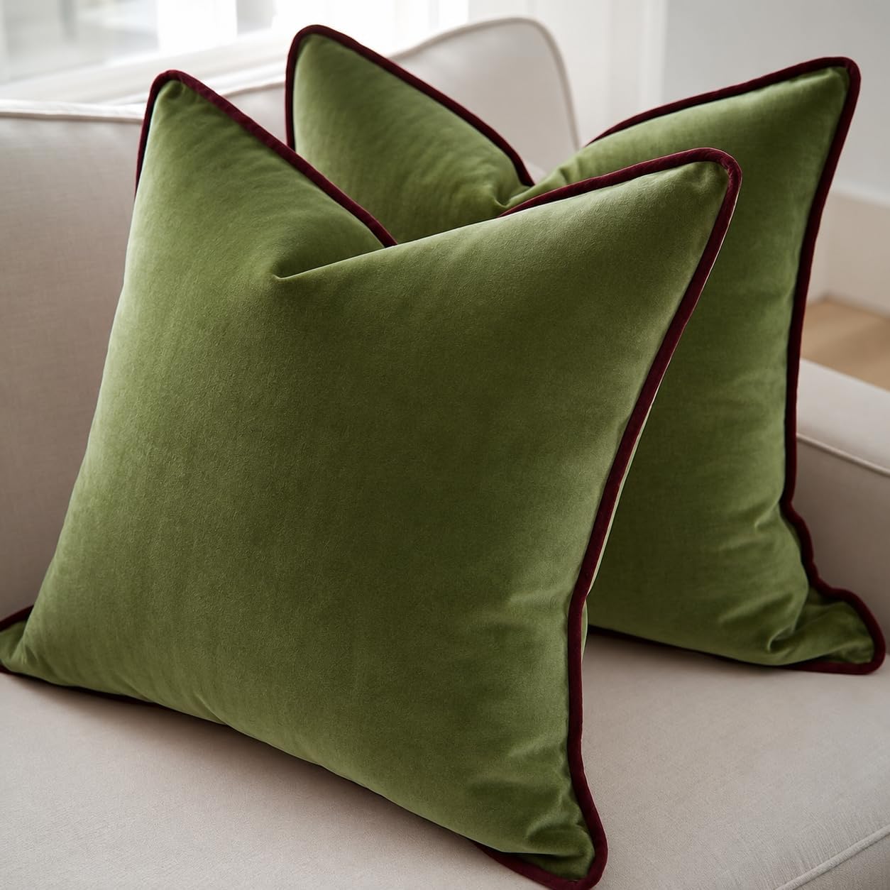 Olive Green Piped Velvet Lumbar Pillow Covers 2 Pack