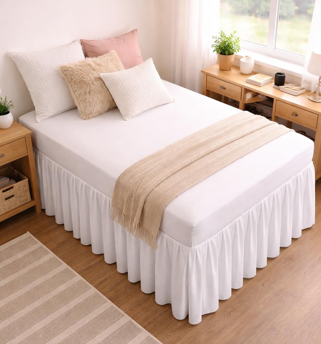 White Twin XL Split Corner Dorm Bed Skirt