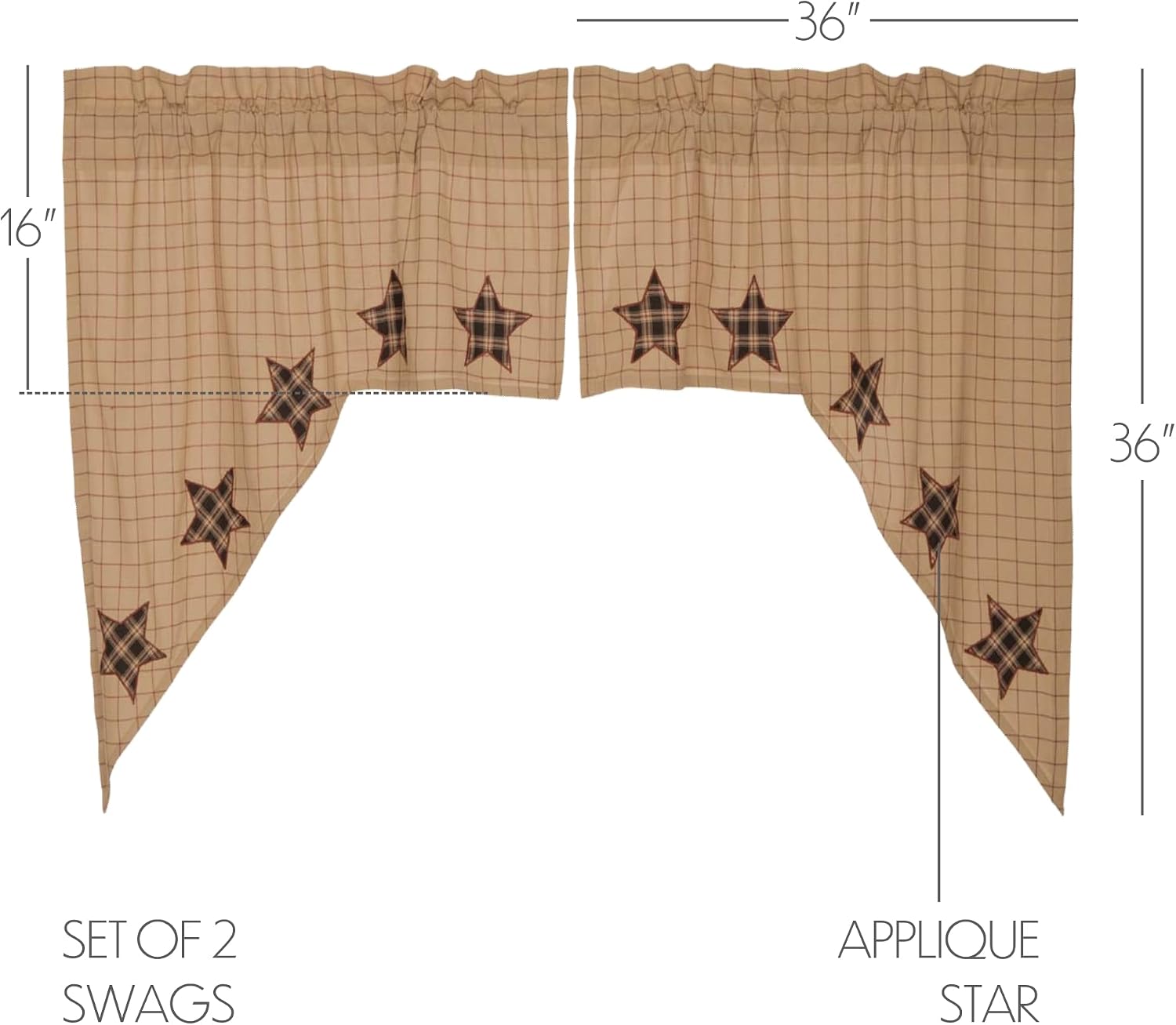 Black Applique Star Cotton Window Swags 2 Pack