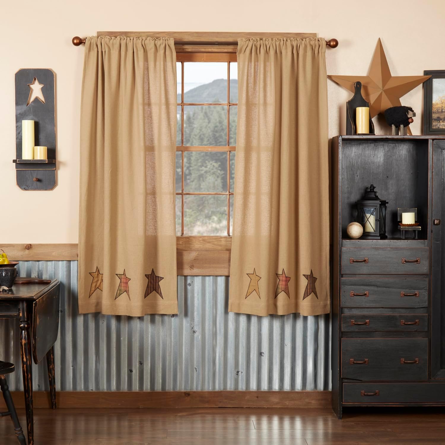 63" Tan Burlap Star Window Curtains Set of 2