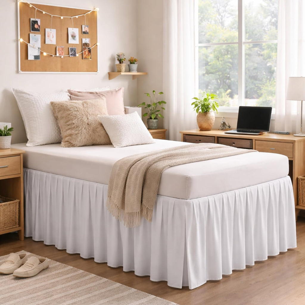 White Twin XL Split Corner Dorm Bed Skirt