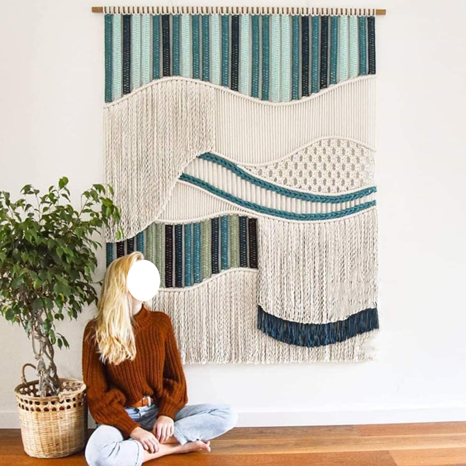 Blue Fringe Macrame Wall Hanging Tapestry