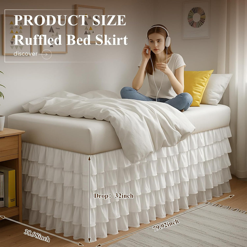 White Ruffled Twin XL Dorm Bed Skirt