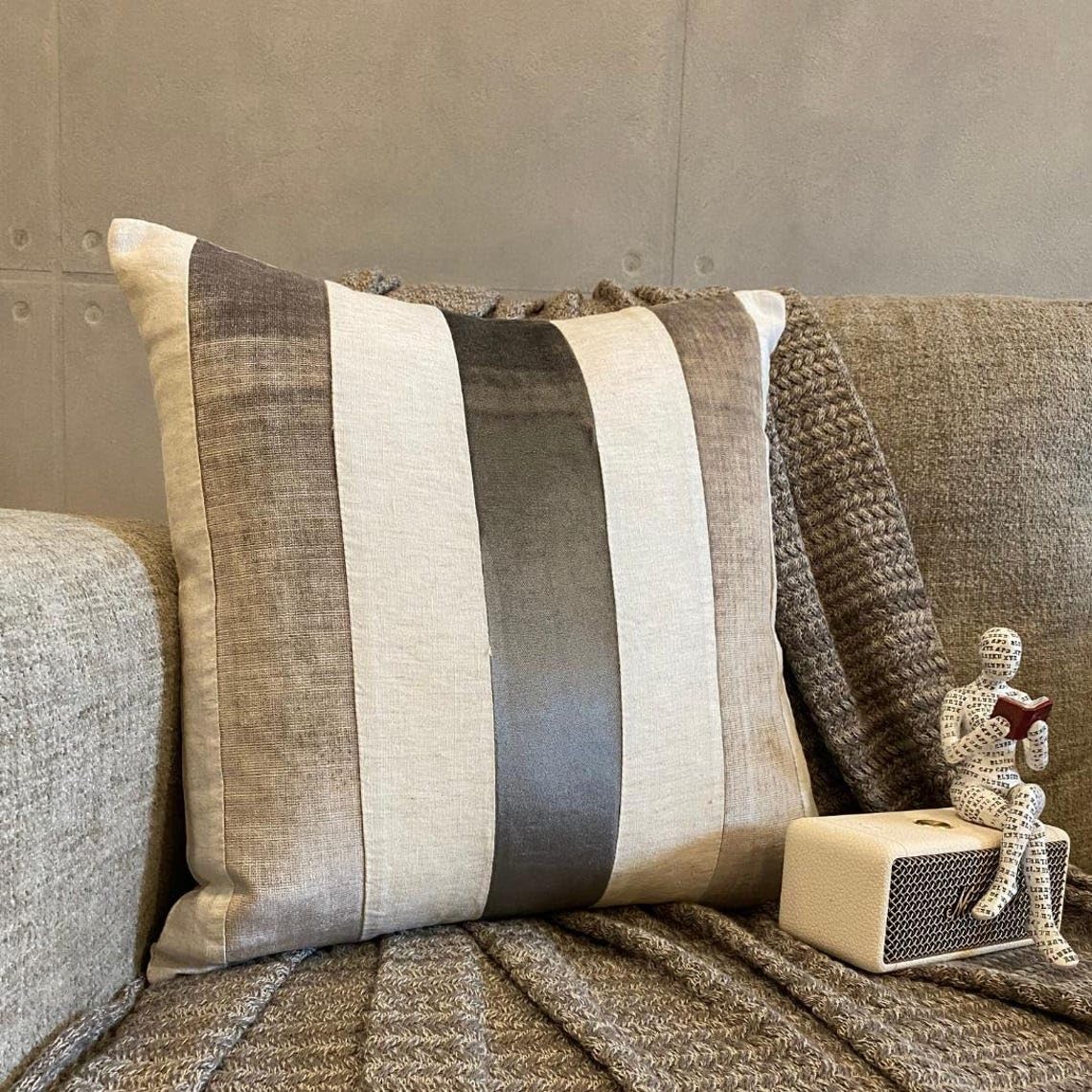 Grey Striped Velvet Throw Pillow Covers