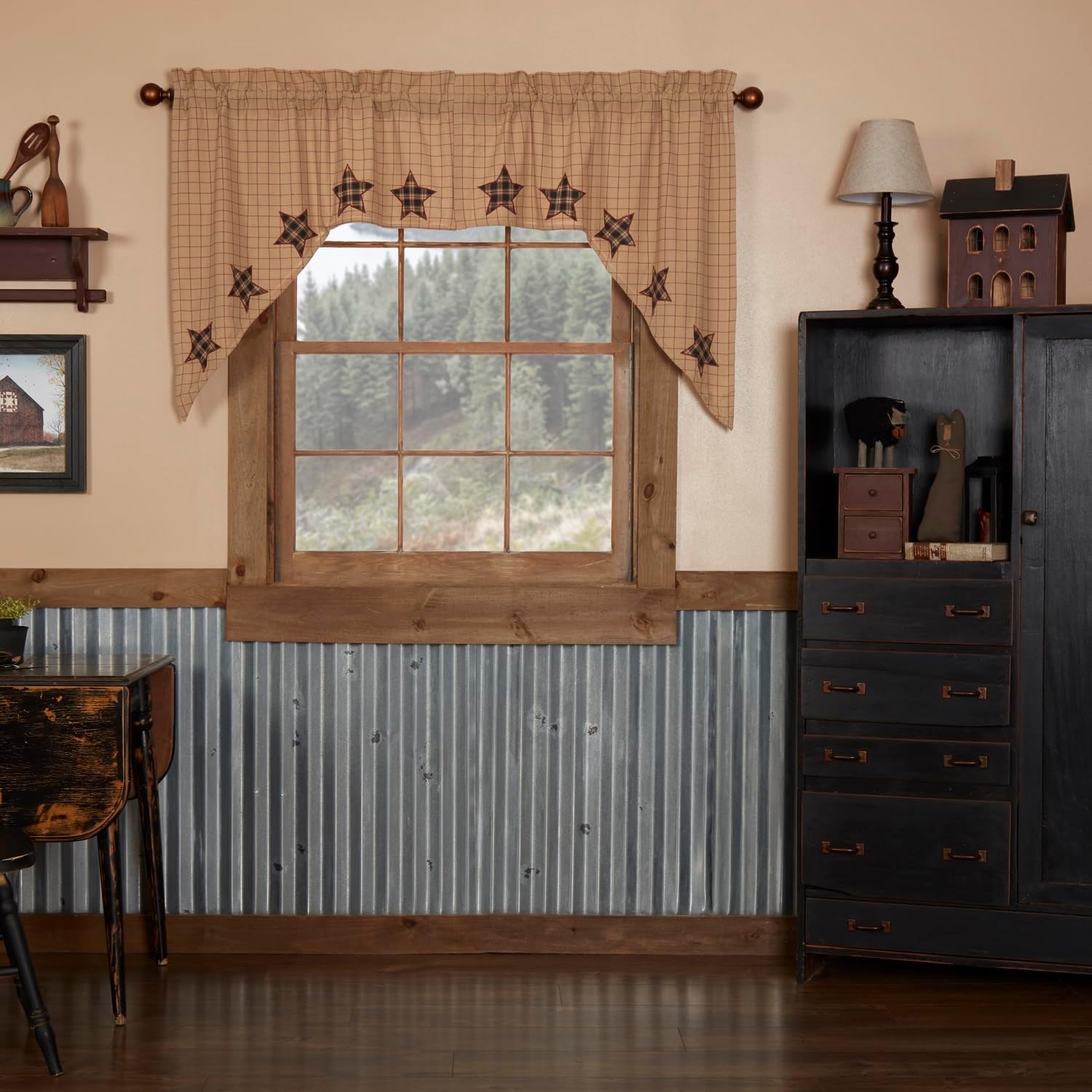 Black Applique Star Cotton Window Swags 2 Pack