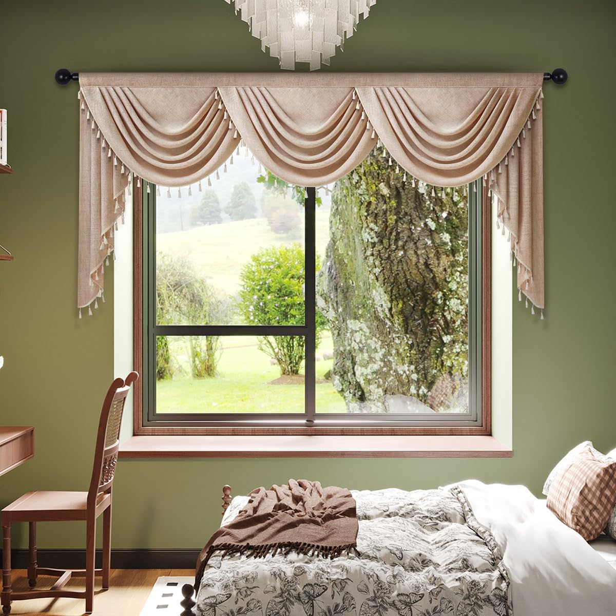 Coffee Beige Tassel Window Valance 1 Panel
