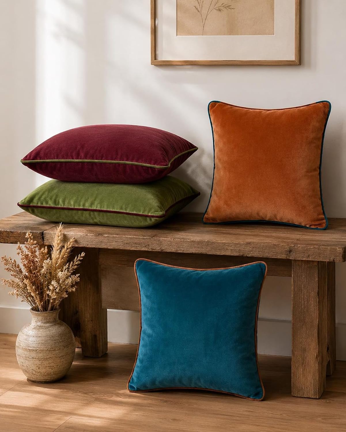 Olive Green Piped Velvet Lumbar Pillow Covers 2 Pack