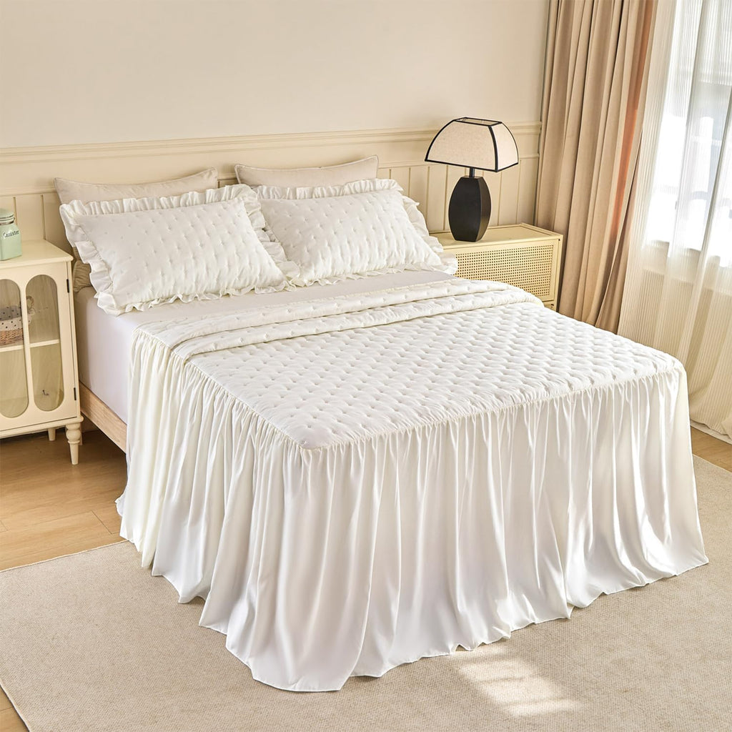 White Ruffled King Bed Skirt Set