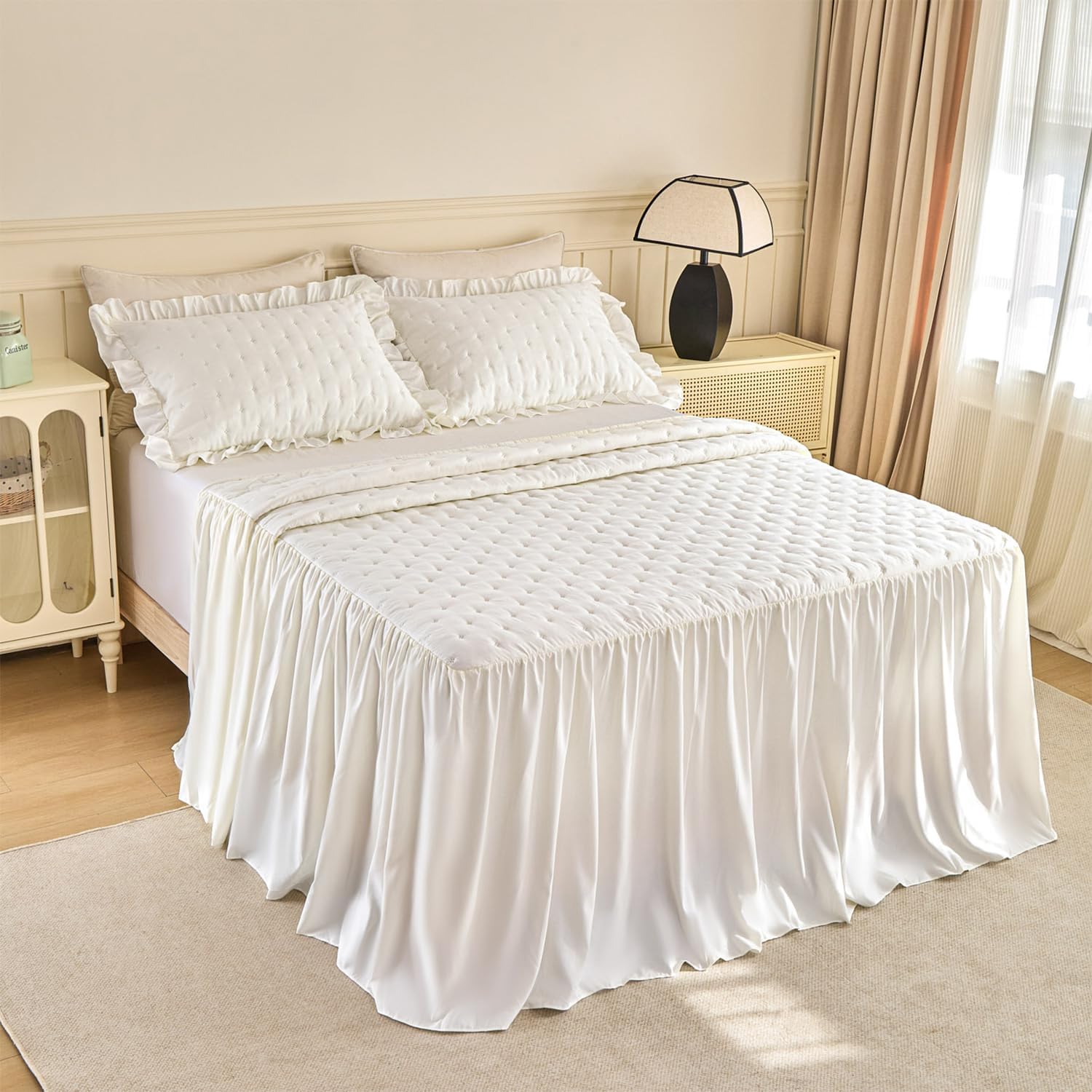 White Ruffled King Bed Skirt Set