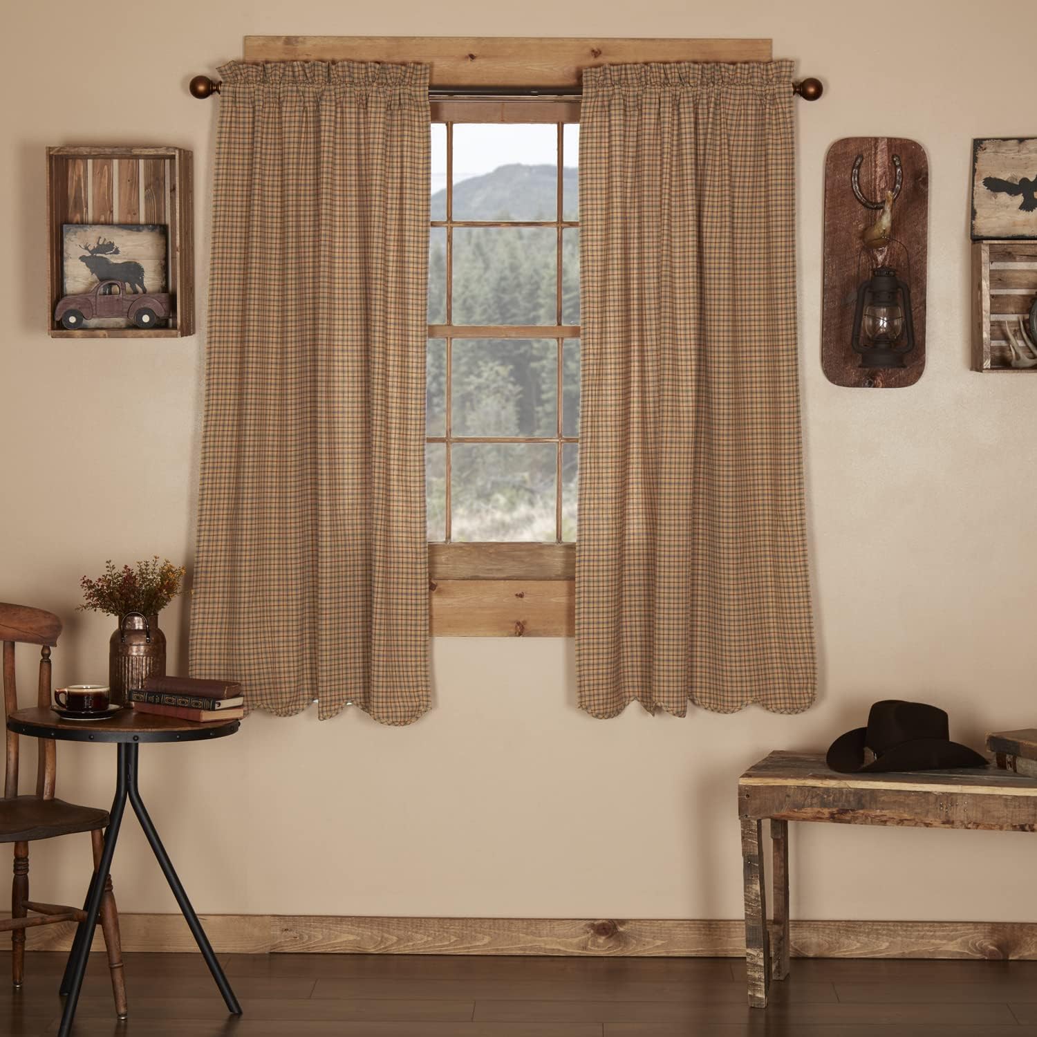 Set of 2 Tan Scalloped Short Window Curtains 63x36
