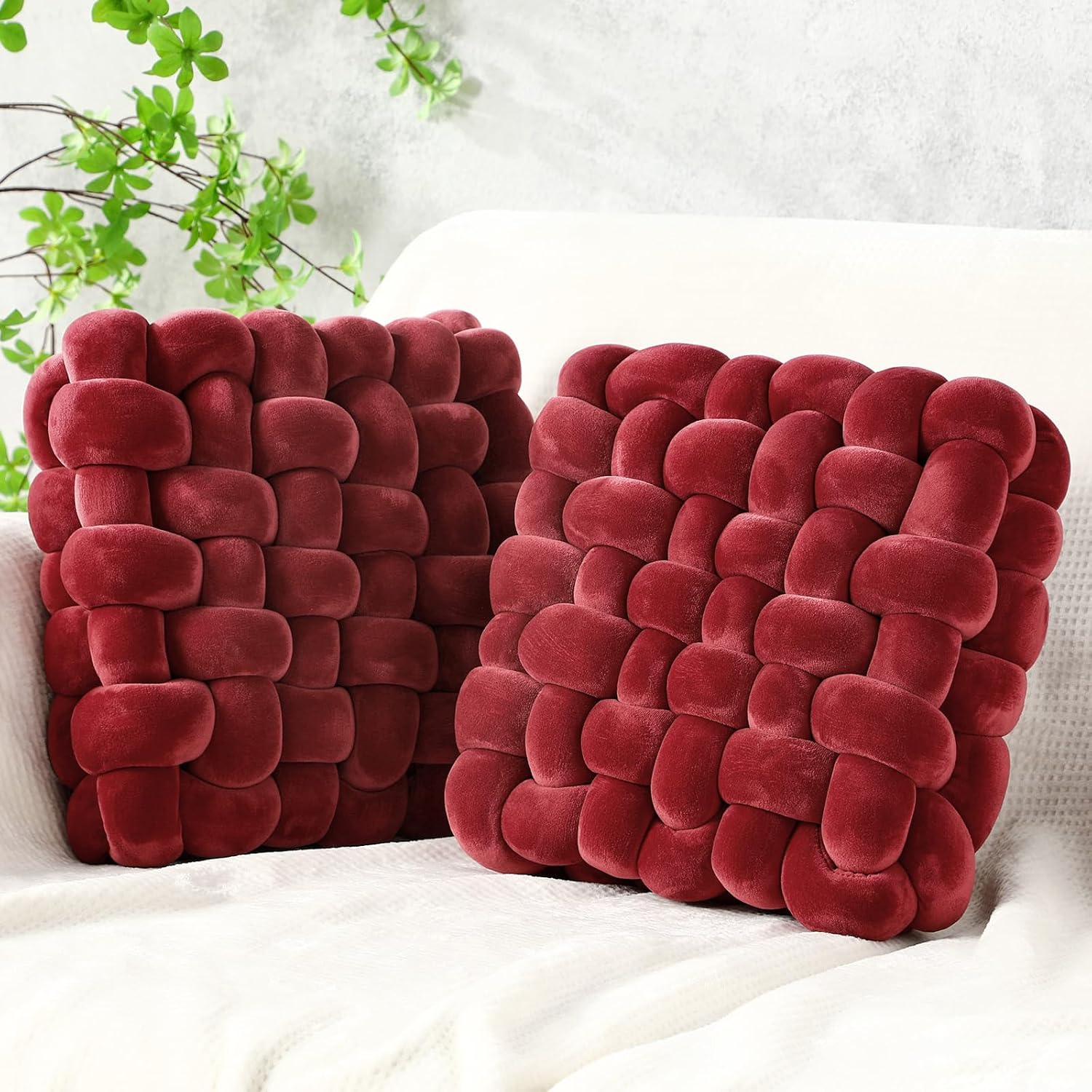 Burgundy Crystal Velvet Knotted Throw Pillows 2 Pack