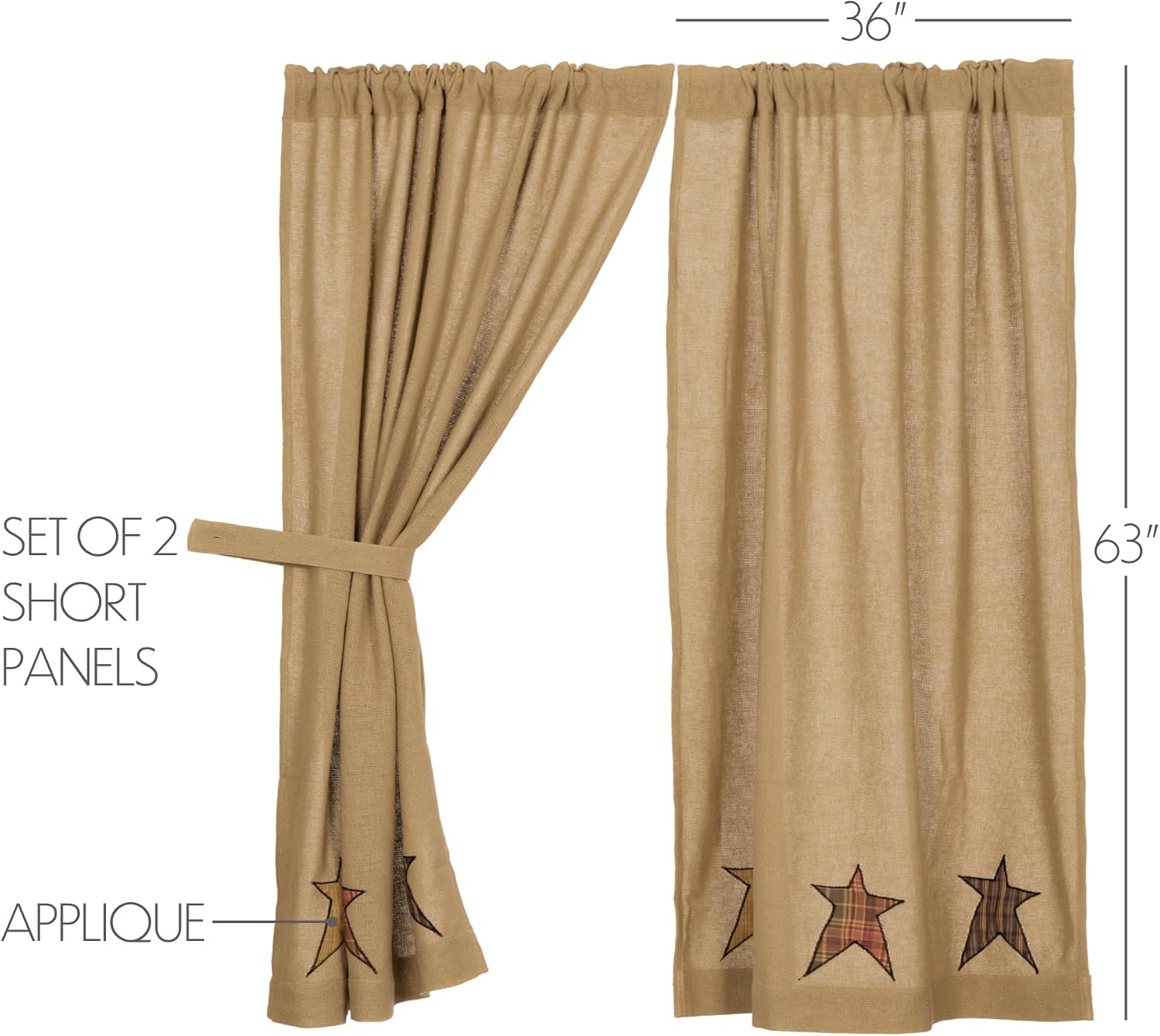 63" Tan Burlap Star Window Curtains Set of 2