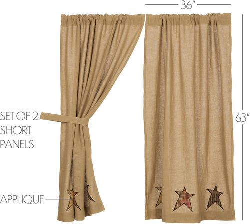 63" Tan Burlap Star Window Curtains Set of 2