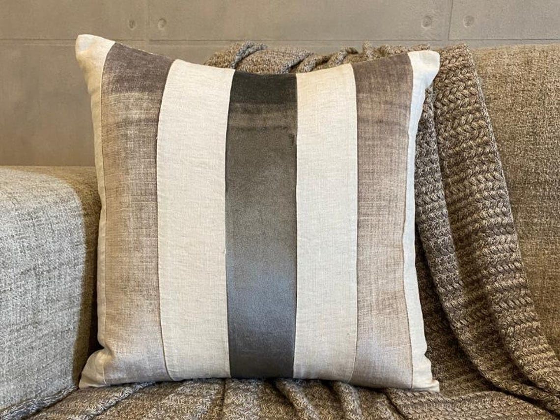 Grey Striped Velvet Throw Pillow Covers