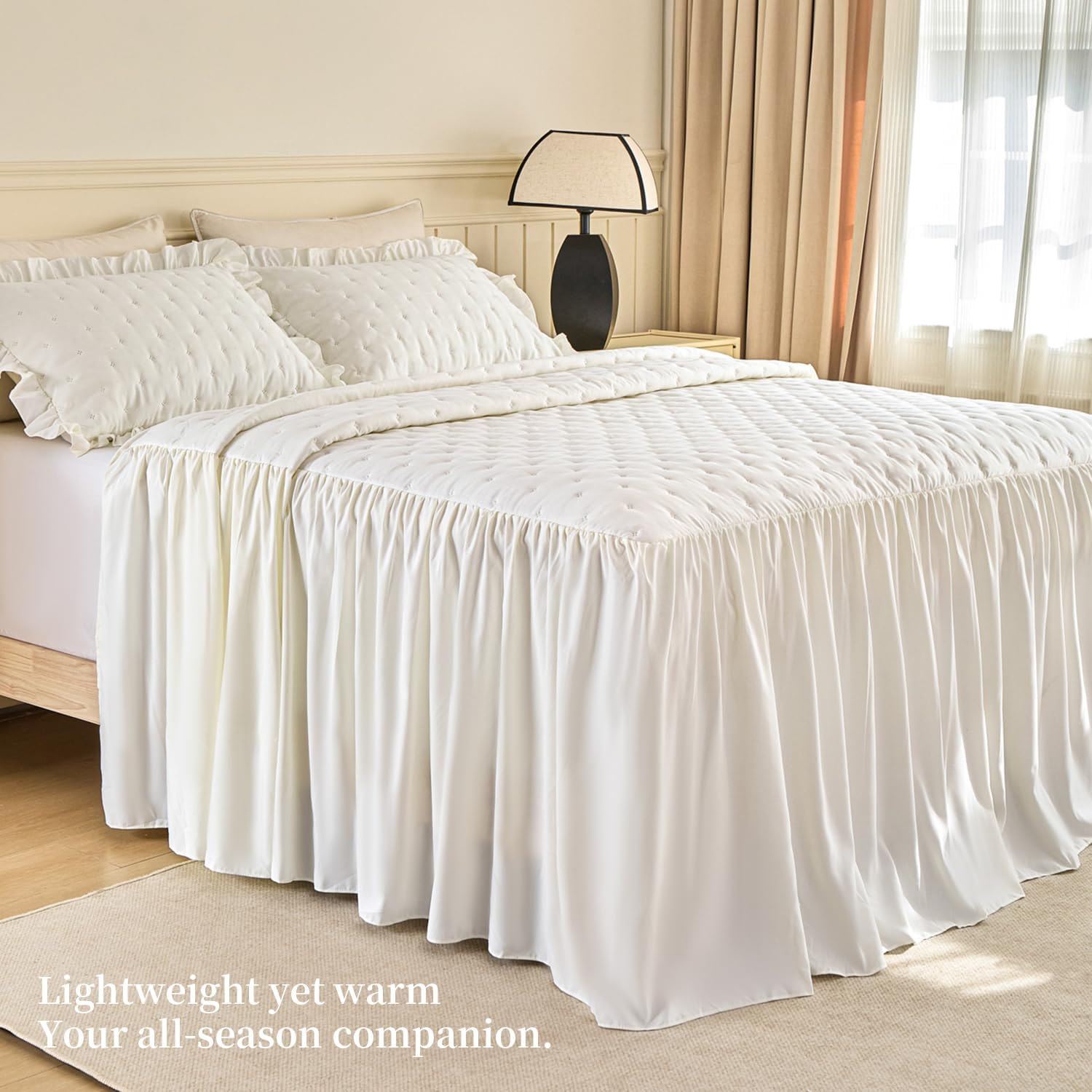 White Ruffled King Bed Skirt Set
