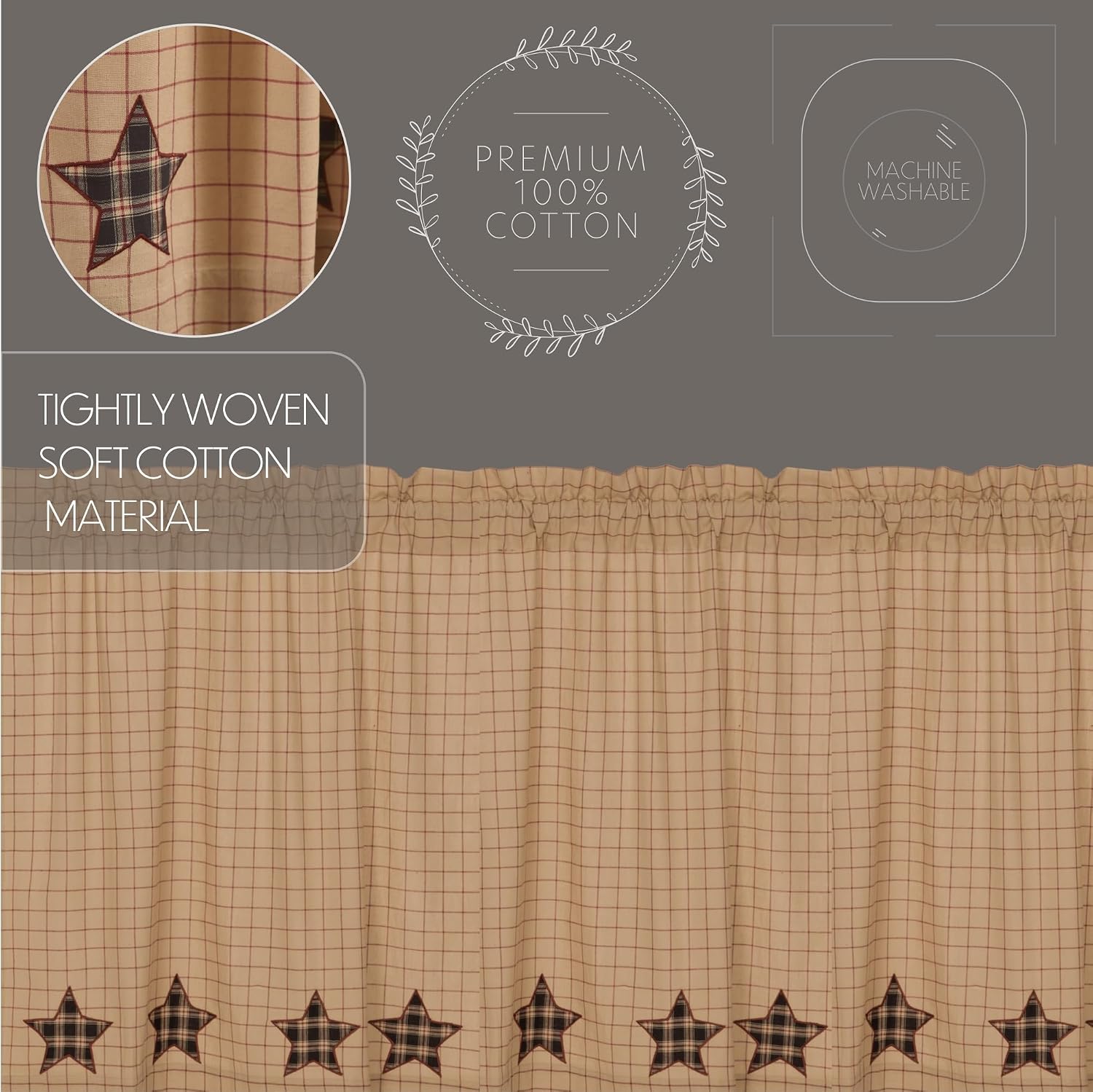 Black Applique Star Cotton Window Swags 2 Pack