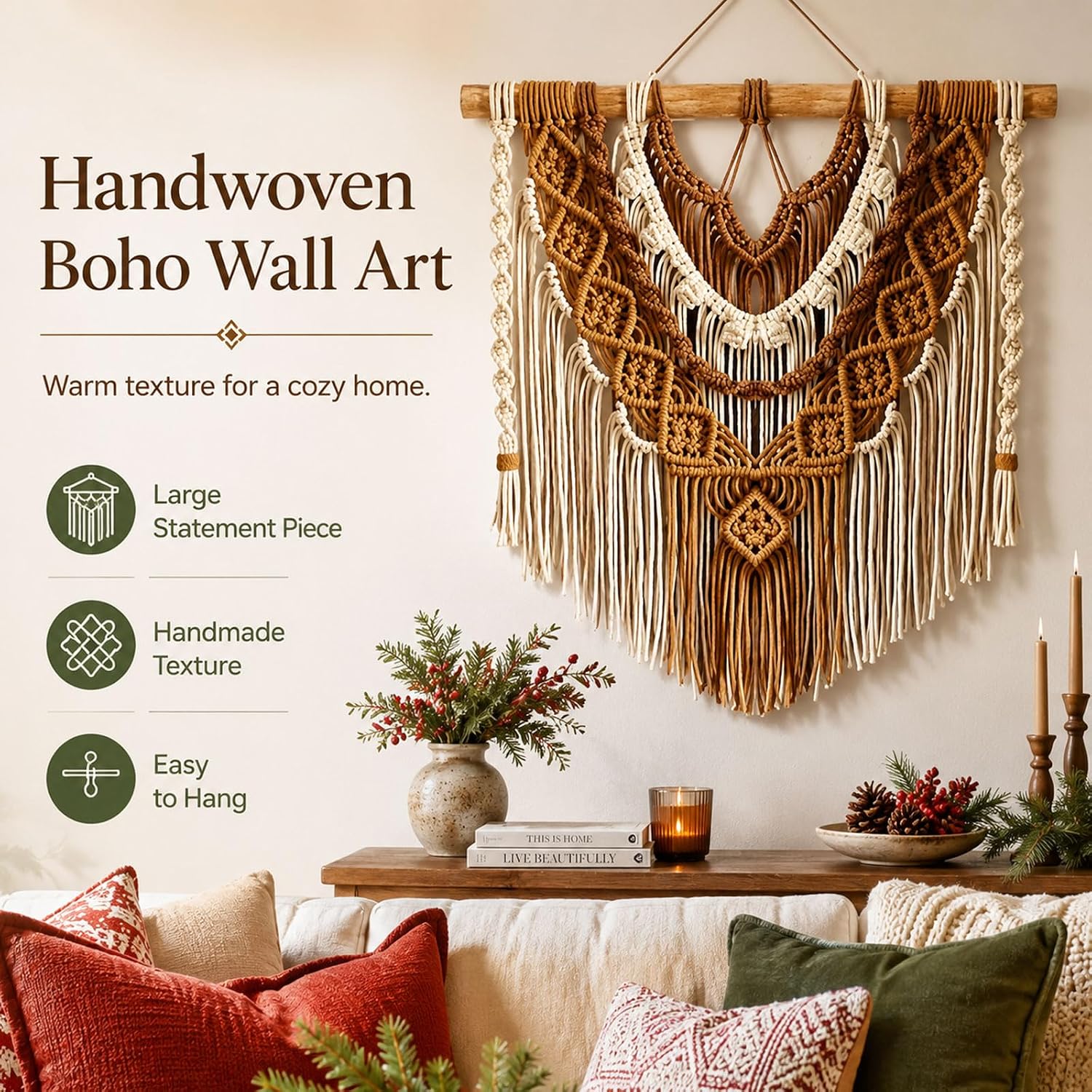 Beige Dusty Rose Tassel Macrame Wall Hanging