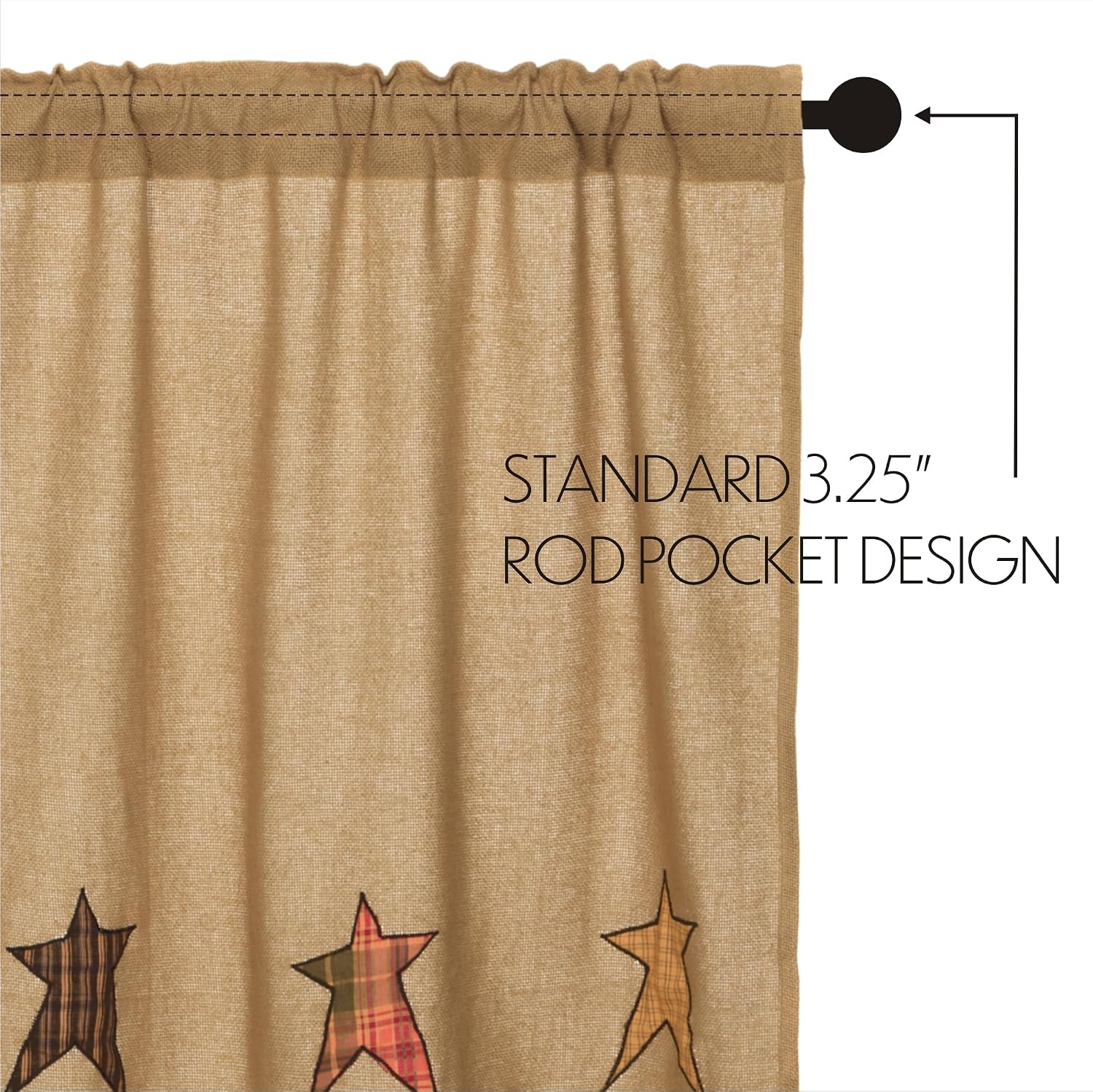 63" Tan Burlap Star Window Curtains Set of 2