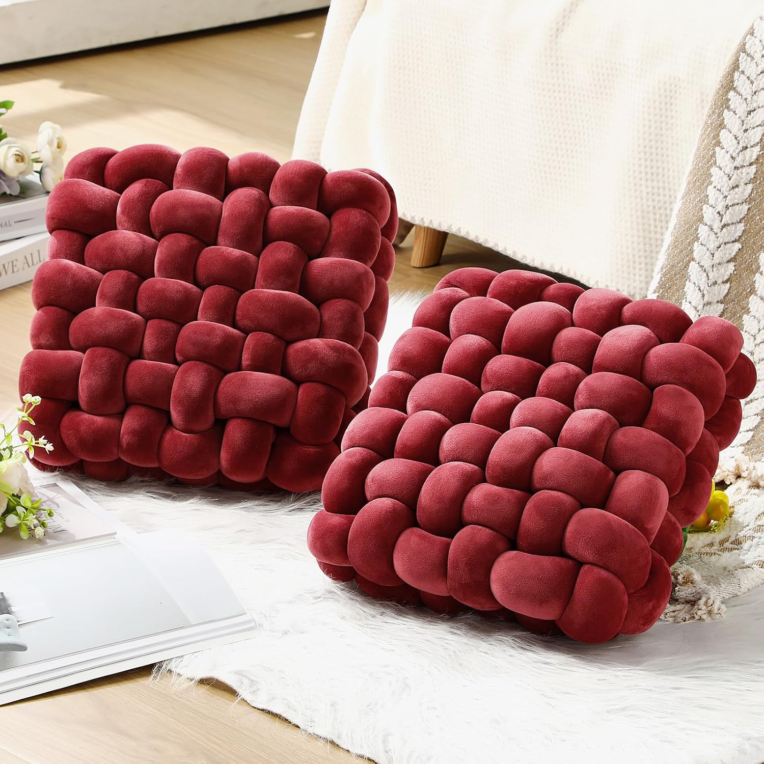 Burgundy Crystal Velvet Knotted Throw Pillows 2 Pack
