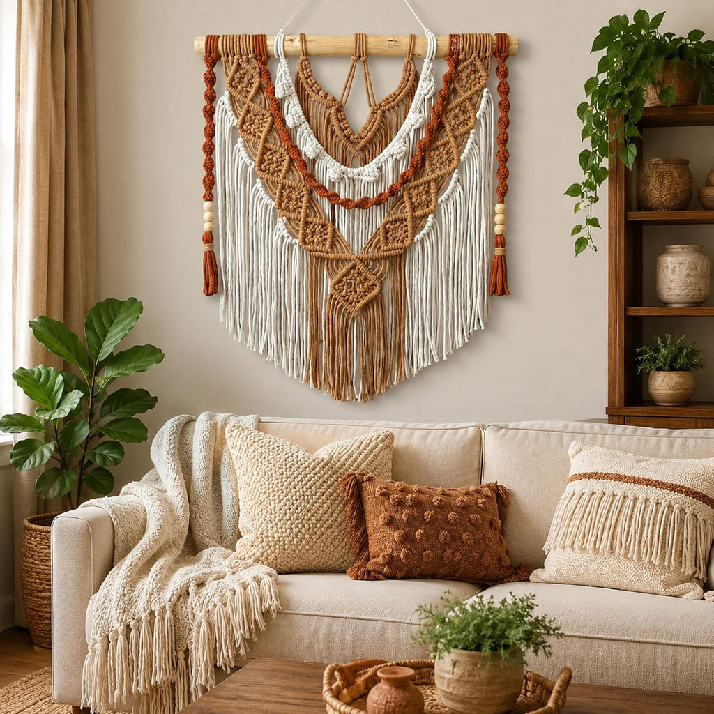 Beige Dusty Rose Tassel Macrame Wall Hanging