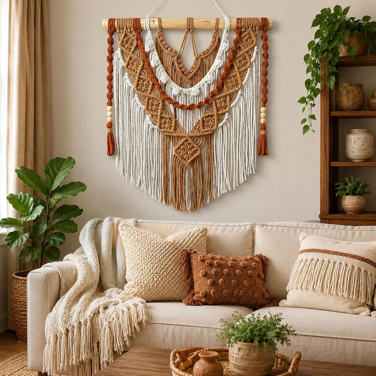 Beige Dusty Rose Tassel Macrame Wall Hanging