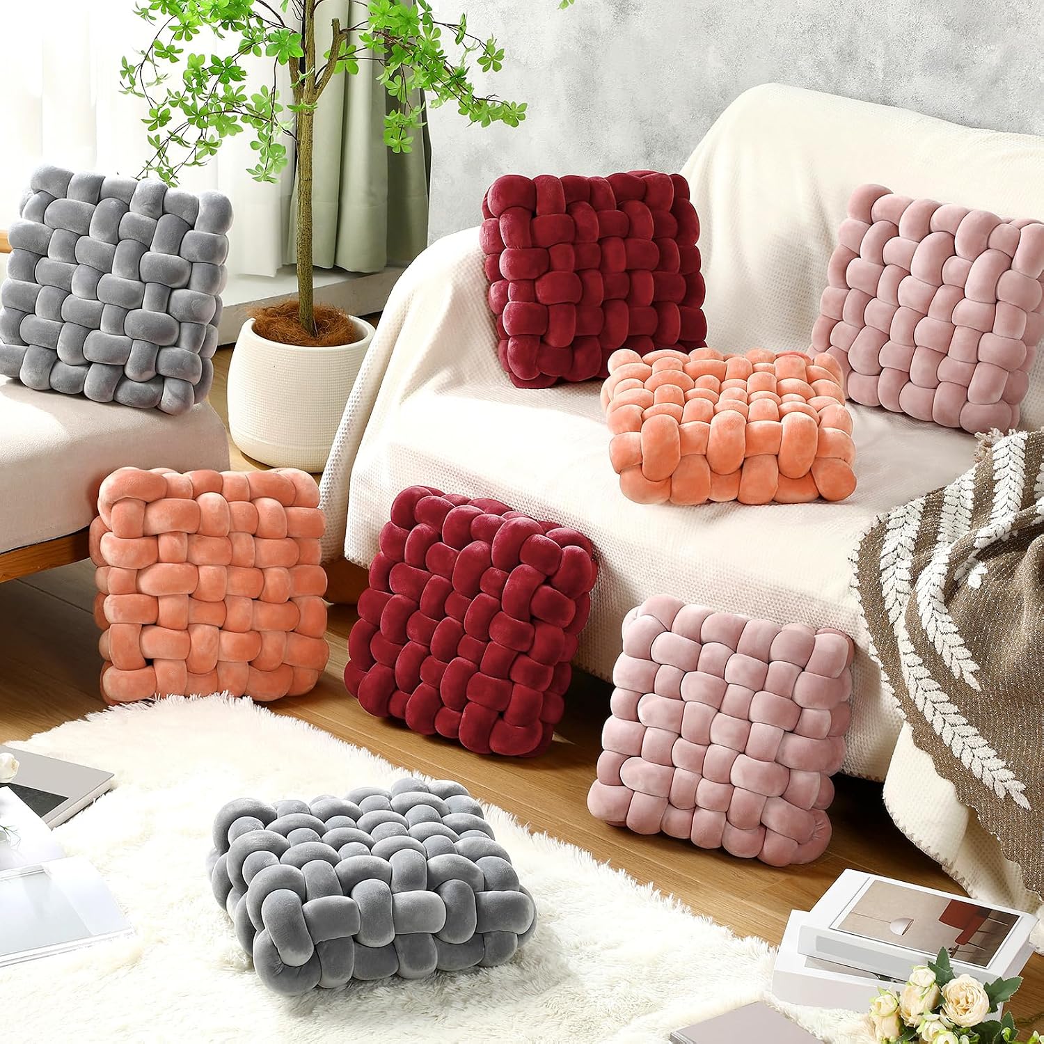 Burgundy Crystal Velvet Knotted Throw Pillows 2 Pack