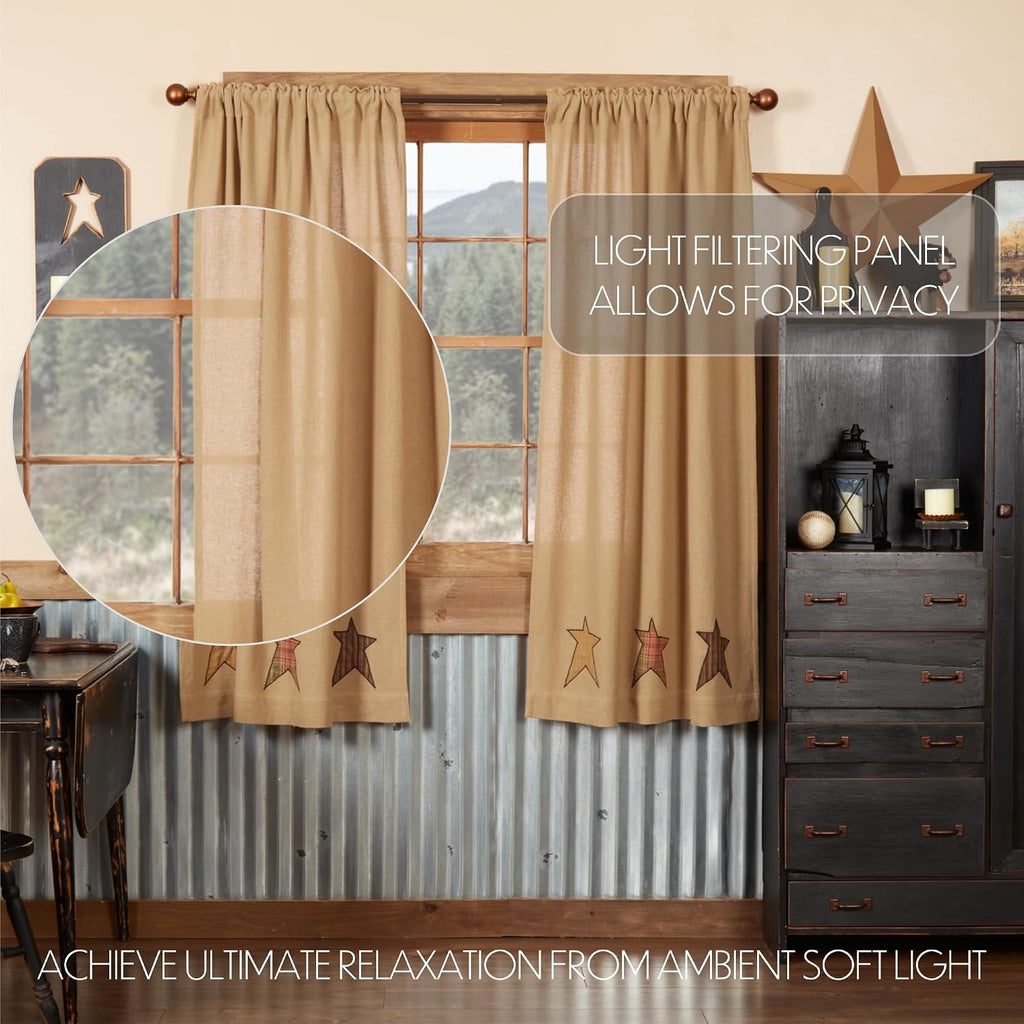63" Tan Burlap Star Window Curtains Set of 2