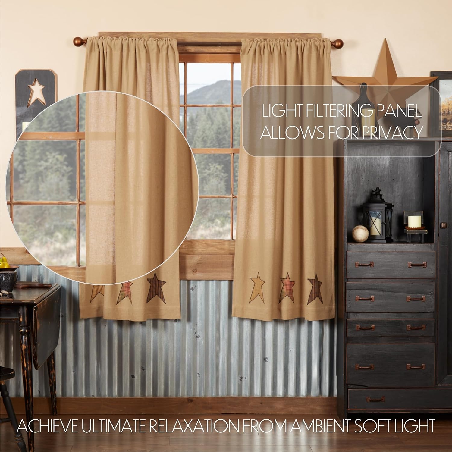 63" Tan Burlap Star Window Curtains Set of 2