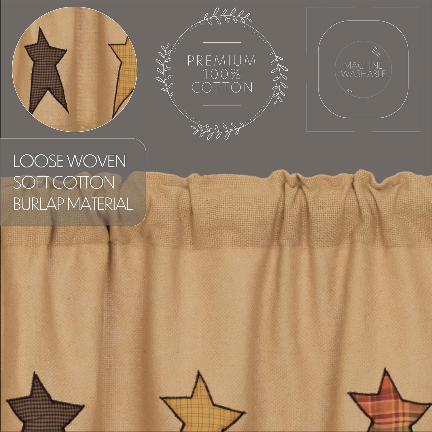 63" Tan Burlap Star Window Curtains Set of 2