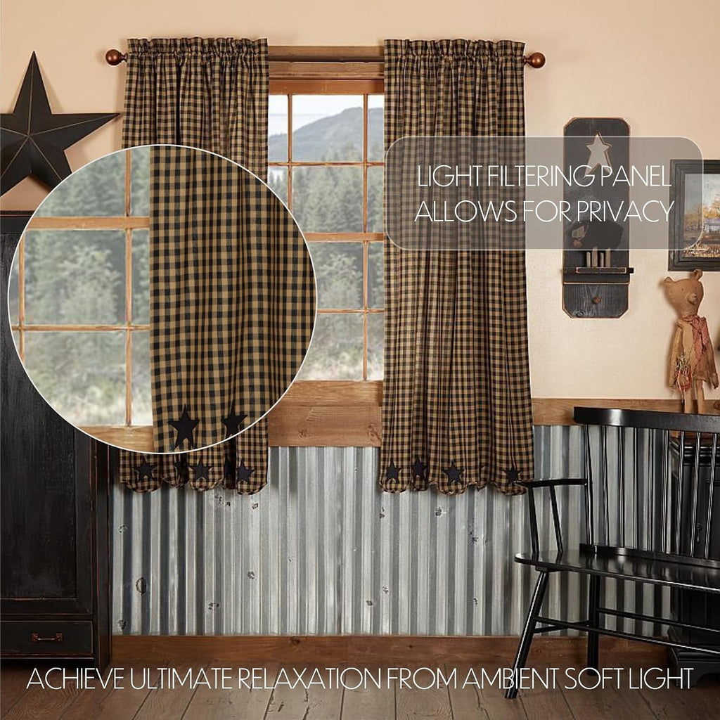 Black Applique Star Cotton Window Curtains 2 Pack