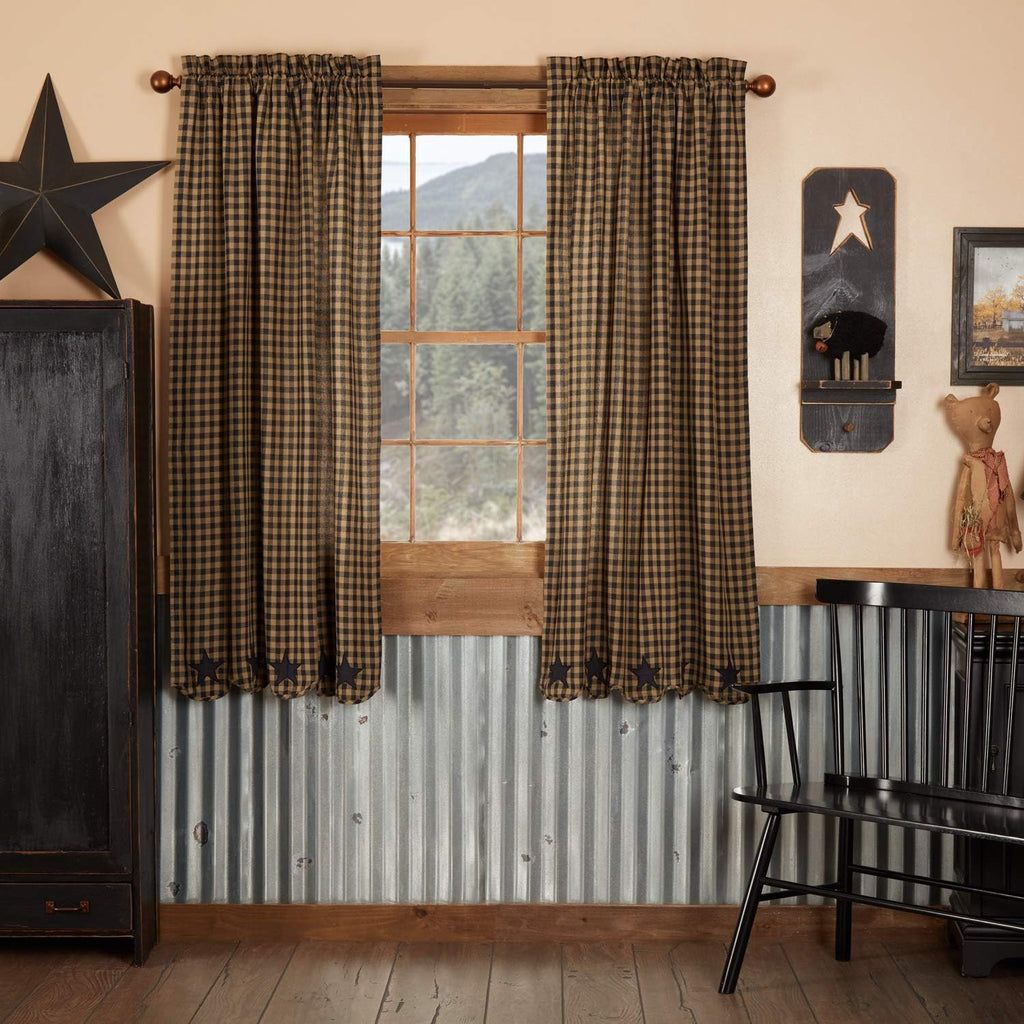 Black Applique Star Cotton Window Curtains 2 Pack