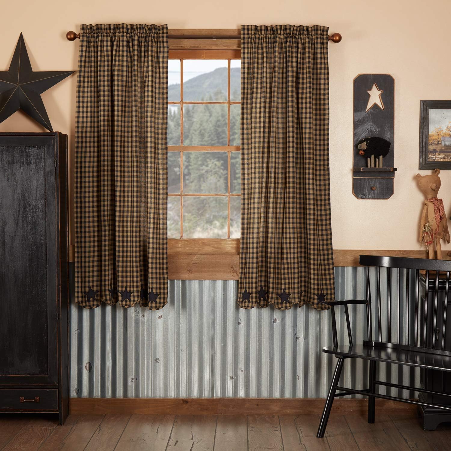 Black Applique Star Cotton Window Curtains 2 Pack