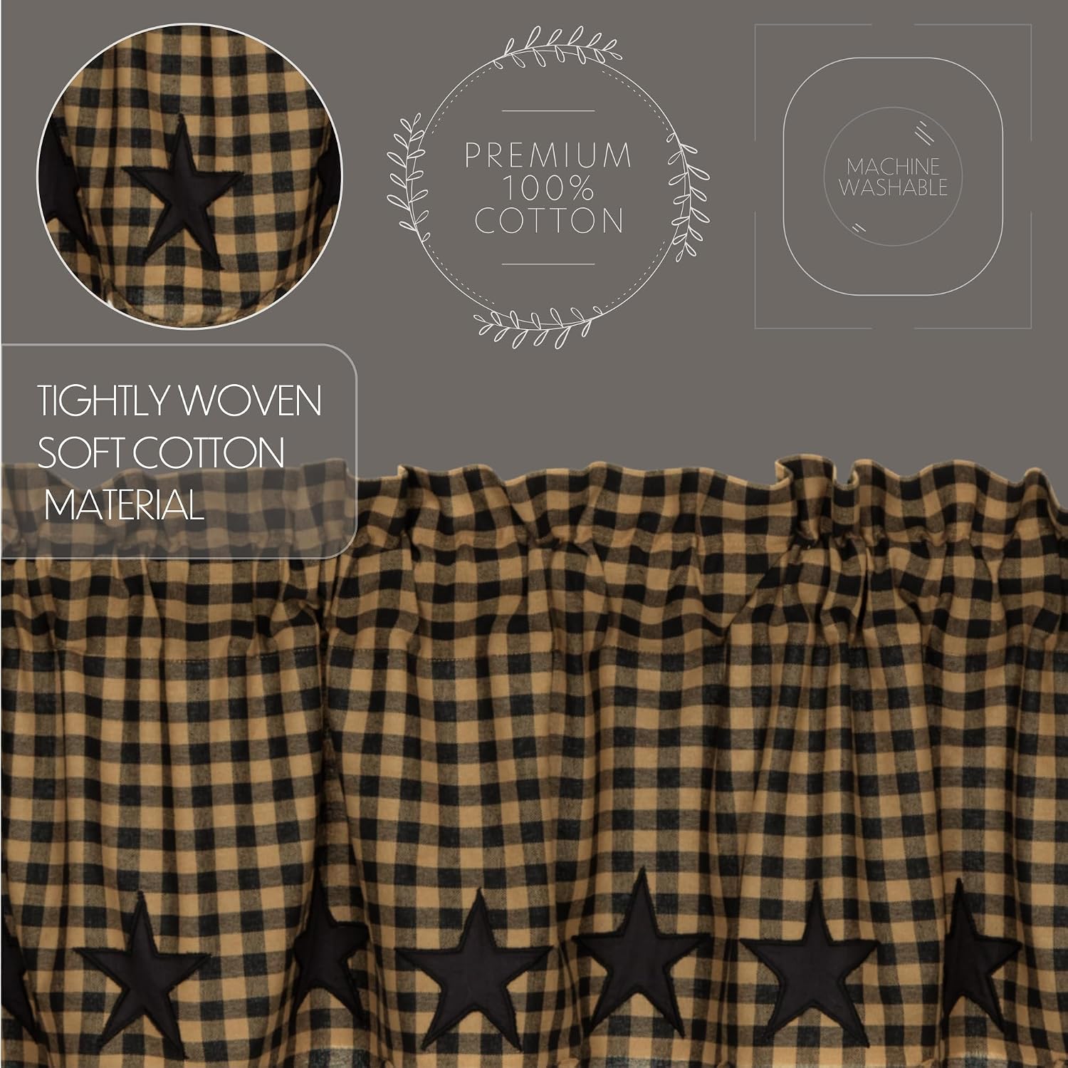 Black Applique Star Cotton Window Curtains 2 Pack